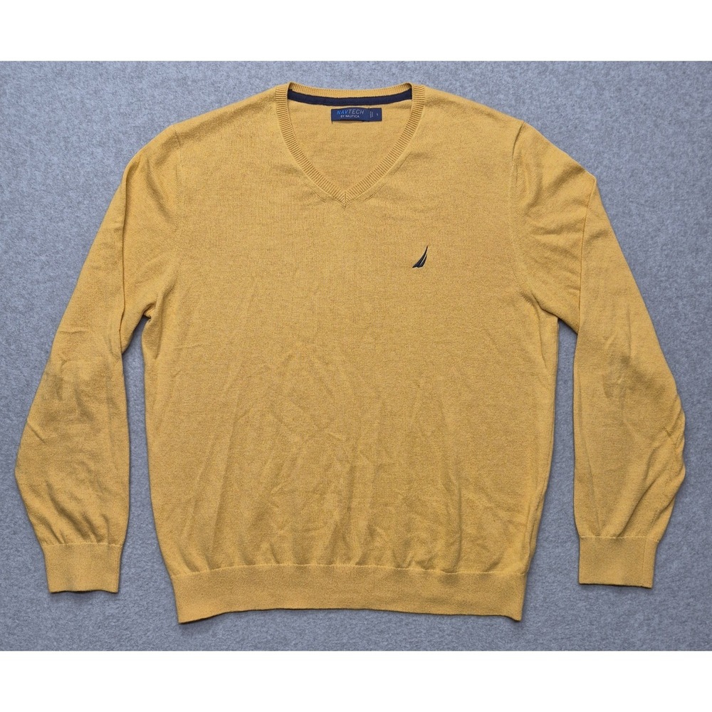 Nautica Navtech Sweater Mens L Yellow V-Neck Pullover Cotton Blend Logo